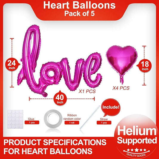 5 Pcs Hot Pink Heart Shaped Balloons Hot Pink Love Valentine Balloons for Valentines Day Bridal Shower Wedding Party Decorations