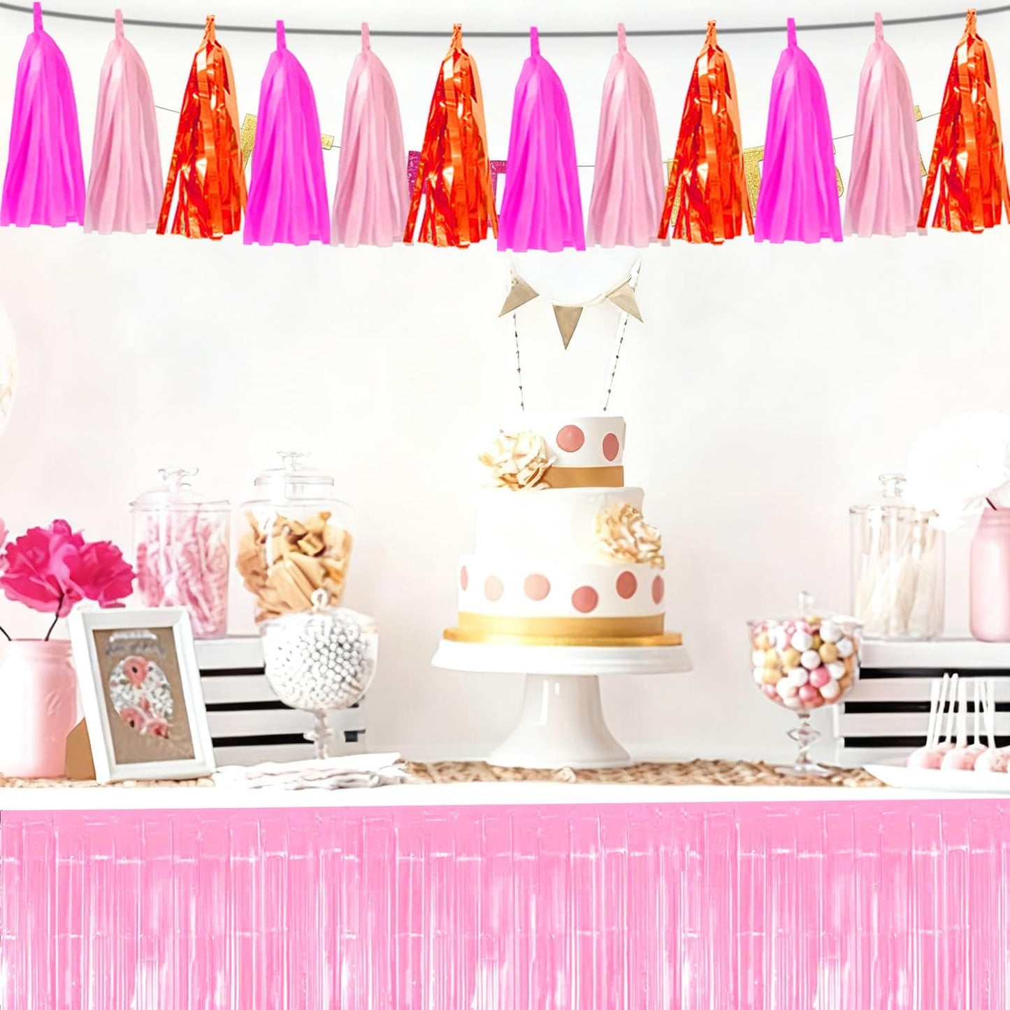 3P Hot Pink Orange LightPink Tassel Banner Garland Foil Fringe Tinsel Streamer Banner Backdrop for Parade Floats, Wall Hanging Curtain Parade Floats, Graduation Decorations, Wedding Party Decoration