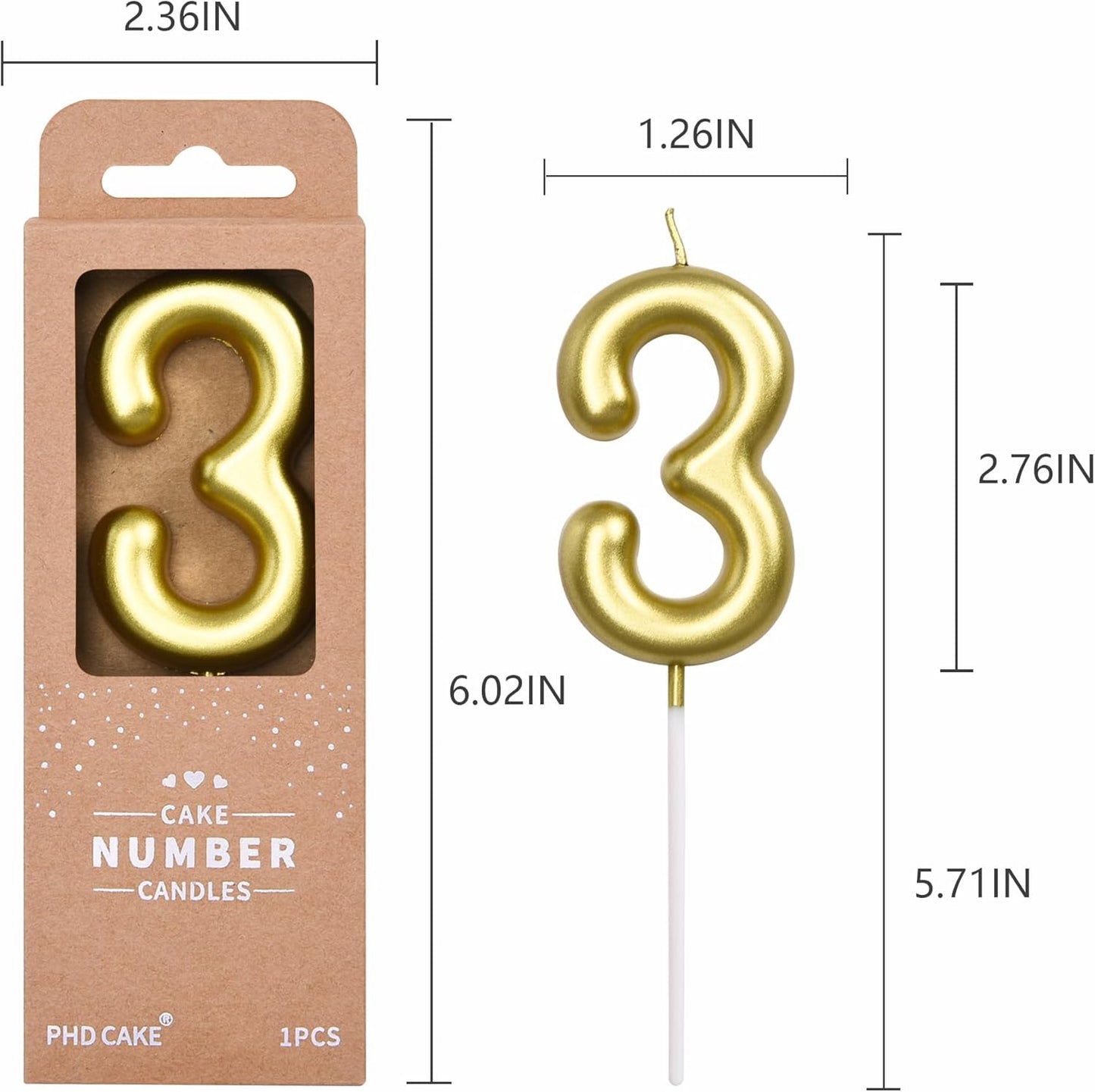 PHD CAKE 2.76 inch Classical Gold 3 Number Birthday Candles, Gold Number Candles, Cake Number Candles, Party Celebration