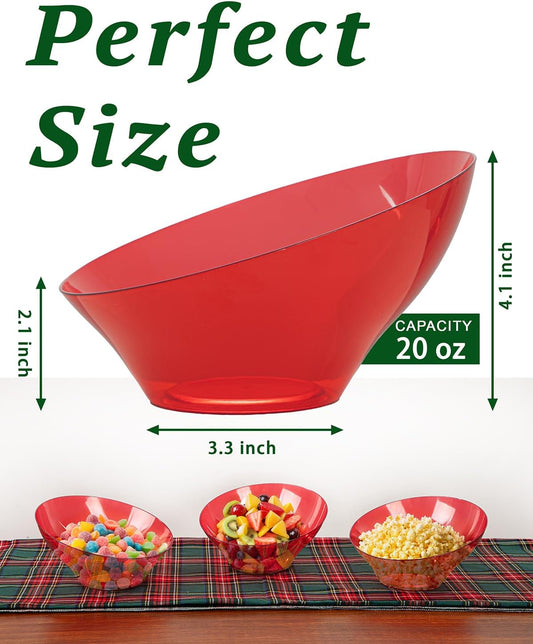 bUCLA 12 Pack Clear Red Plastic Serving Bowls - 20 OZ Christmas Angled Serving Bowls Disposable for Chip, Candy, Salad & Fruit - Ideal for X’mas Party