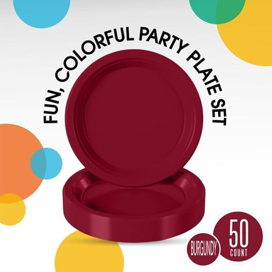 Exquisite Party Solids Burgundy Plastic Plates For Party Supplies 7" Burgundy Disposable Plates Heavy Duty 50 Pcs Plastic Dinnerware Sets Heavy Duty 350 GSM Disposable Dinnerware Set