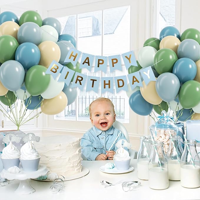 60pcs Blue and Green Balloons - Sage, Dusty Blue, Pastel Green, Nude for Bridal, Woodland, Birthday, Baby Shower Decorations