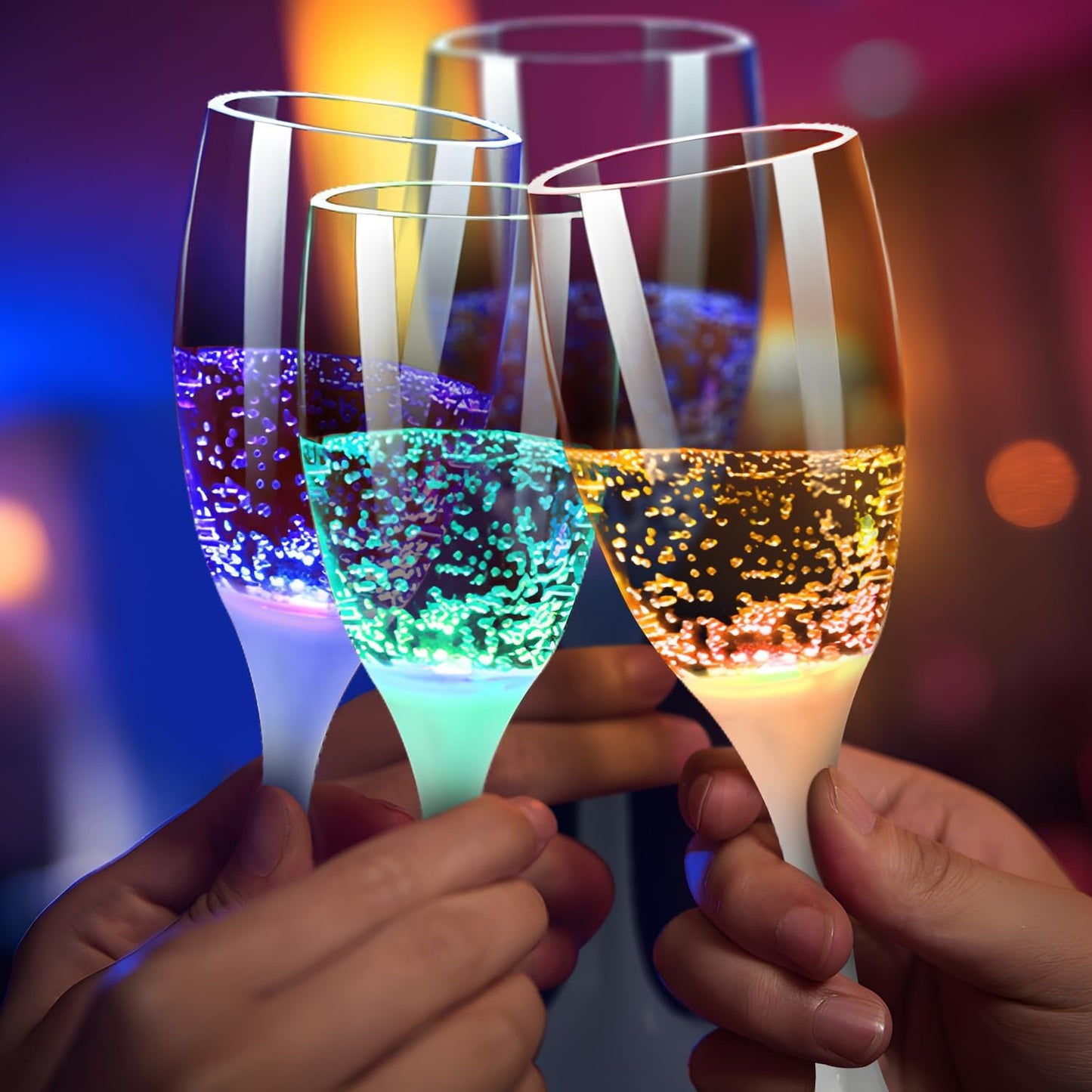 LED Light Up Cups Wine Champagne Flutes Set of 6 Party Favors Adults, Colored Plastic Champagne Flutes Drinking Glasses Glow in the Dark Colorful Glowing Cups for Birthday Christmas Halloween Weddings
