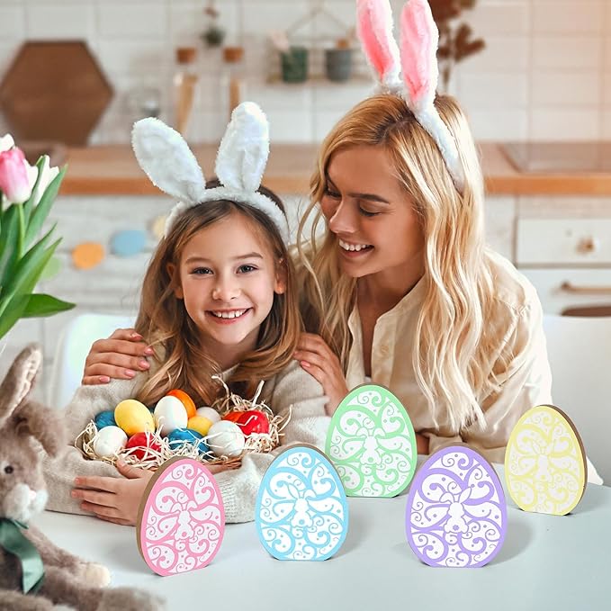 5 Pcs Wooden Hidden Bunny Easter Egg Tiered Tray Sign for Table Centerpieces Decoration Spring Cute Rabbit Mantal Ornament for Farmhouse Fireplace Easter Egg Hunts Basket Home Kitchen Party Supplies