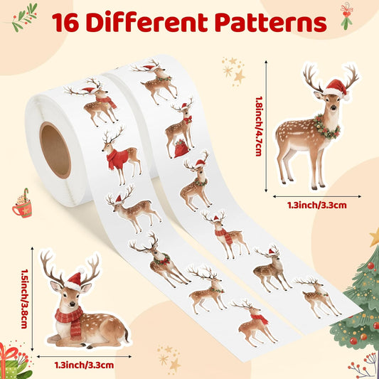 Christmas Watercolor Reindeer Sticker - 16 Elegant Designs with Premium Waterproof Vinyl & Repositionable Adhesive for Gift Wrapping, Scrapbook, Family Crafts, Water Bottle Laptop Decor