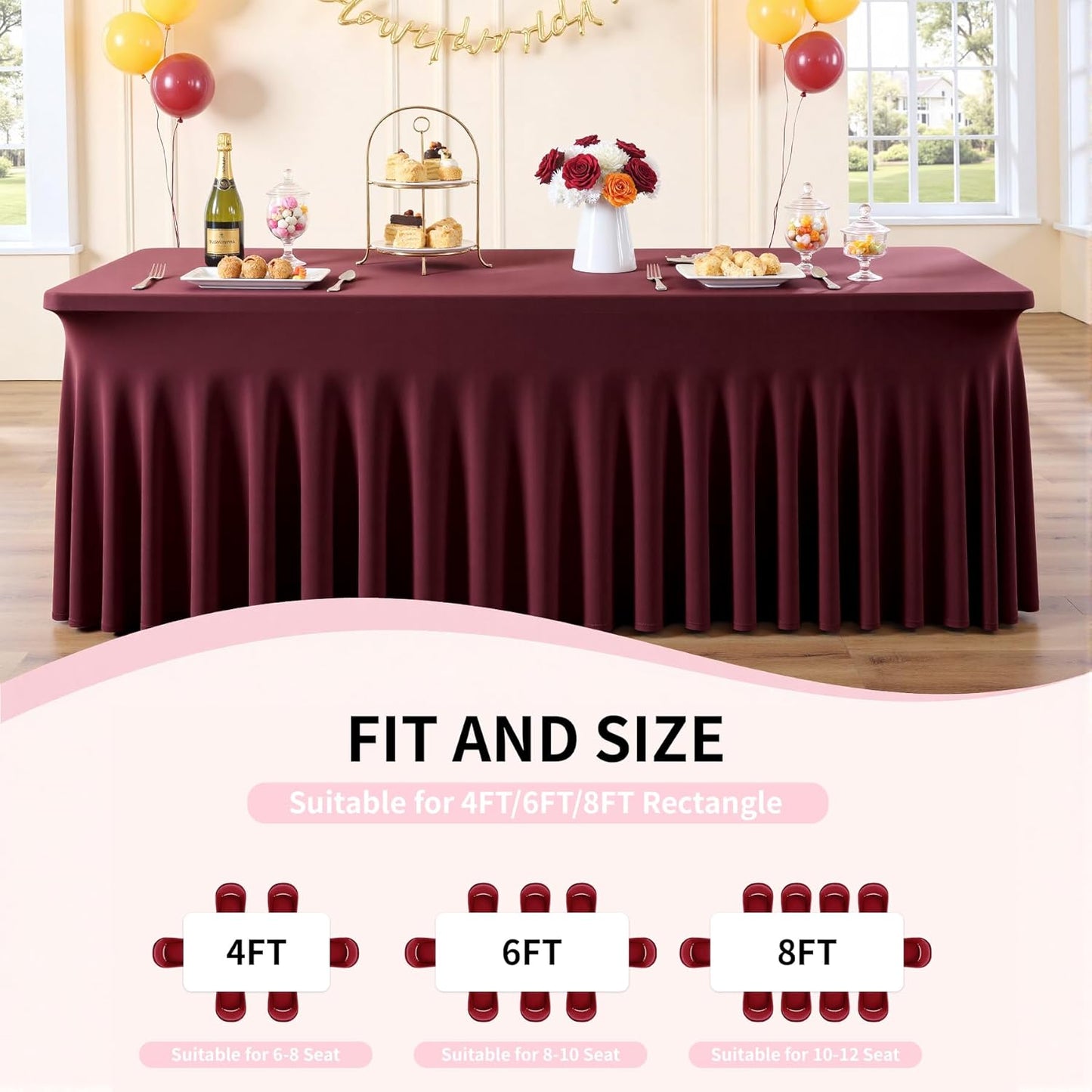 Outpain 8ft Spandex Table Cloth for Standard Folding Tables-4Pack Burgundy Table Cloth Table Protector for Party, Wedding, Cocktail, Banquet, Festival