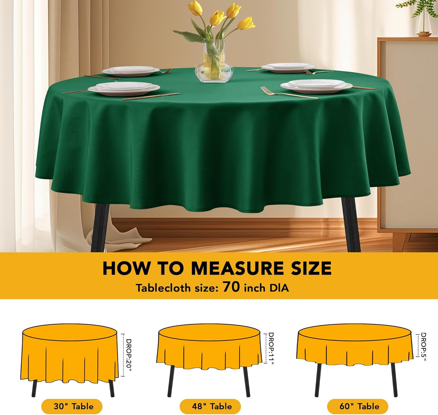 10-Pack Hunter Green Round Tablecloths, 70 Inches, Stain-Resistant Polyester for 3-4 Ft Round Tables - Washable Table Covers for Weddings, Banquets, Birthday Parties, Events