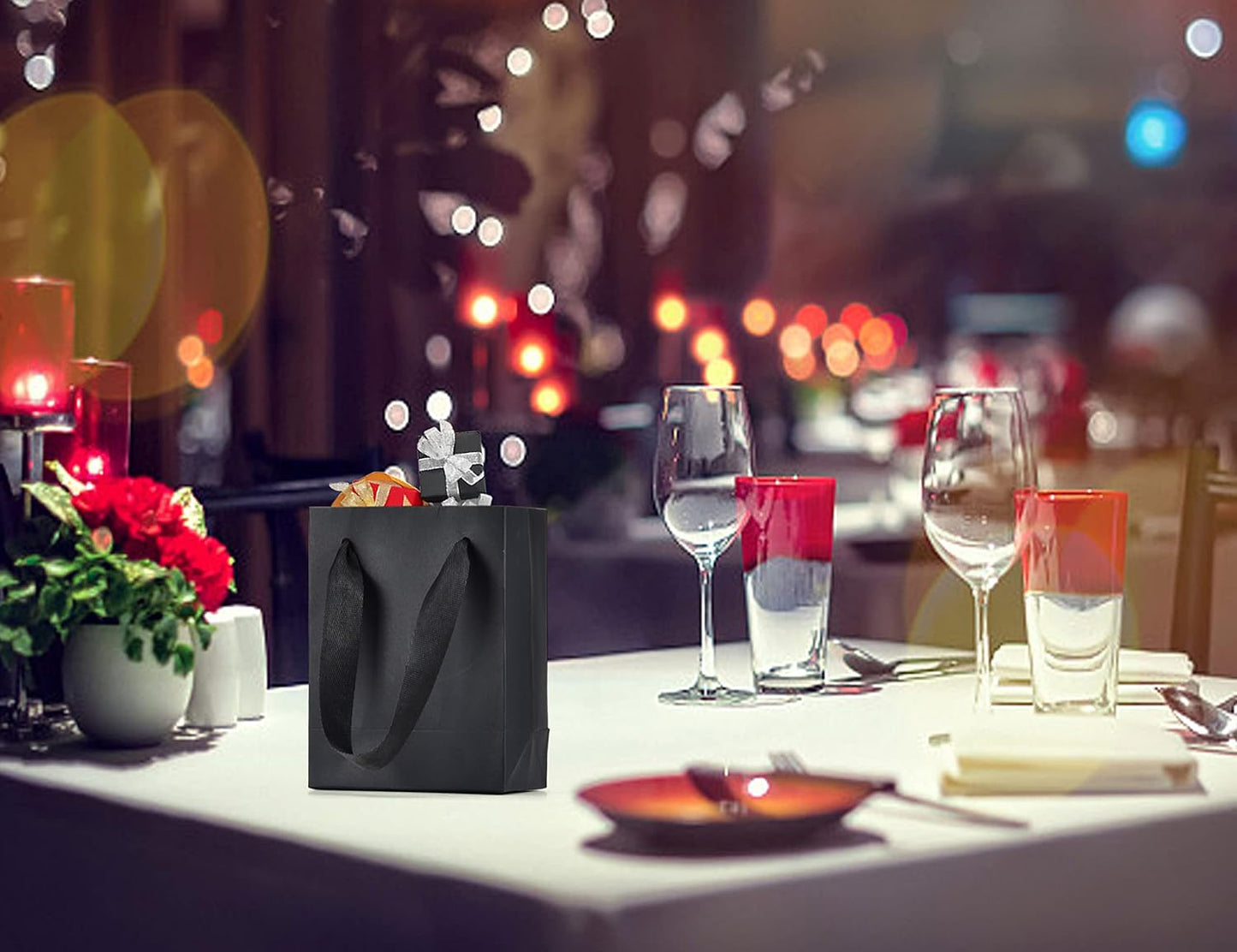 HUAPRINT 30 Pack Black Gift Bags with Ribbon Handles,6x3x7.5 inch Paper Bag Bulk for Shopping Party Favor Merchandise Business Wedding