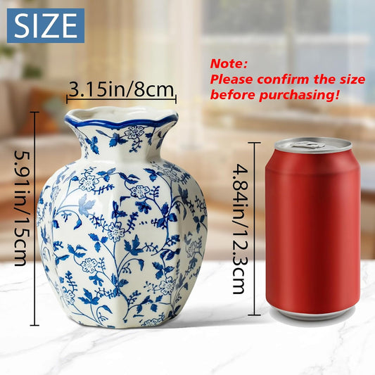 Small Blue and White Ceramic Vase, 6 Inch Vintage Chinoiserie Flower Vase Decorative Antique Vases for Home Decor, Rustic Porcelain Vase Farmhouse Shelf Table Centerpieces Decor