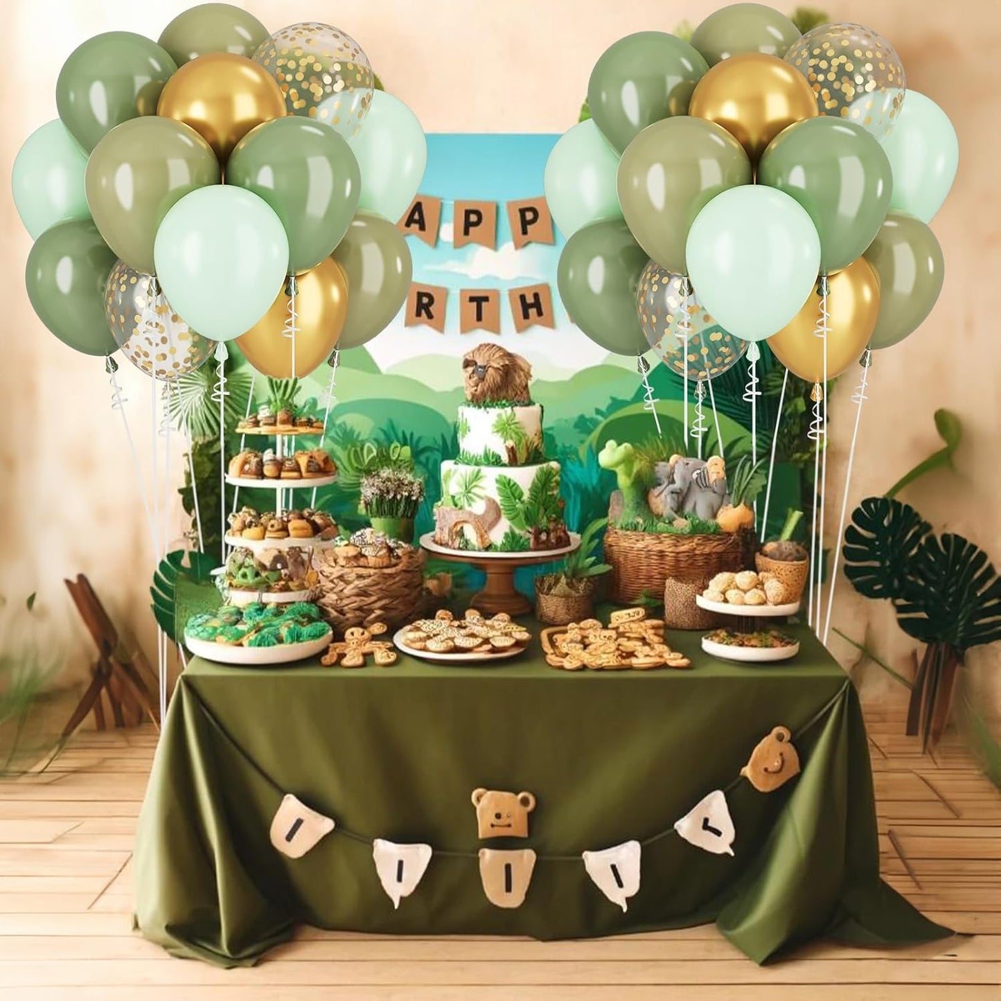 Green and Gold Balloons Sage Green Gold Confetti Balloons for Jungle Safari Party Lion Birthday Decorations Retro Olive Balloons for Arch 60PCS 12INCH Pastel Green Latex Helium Balloon Wild Animal
