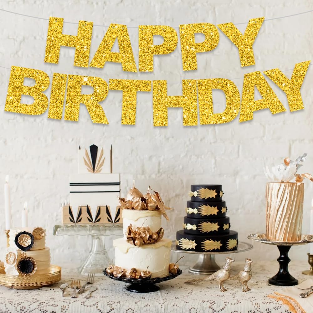 BEISHIDA Gold Happy Birthday Banner - Pre-Strung, No DIY, Birthday Sign - Banner for Women, Kids Decor, Backdrop