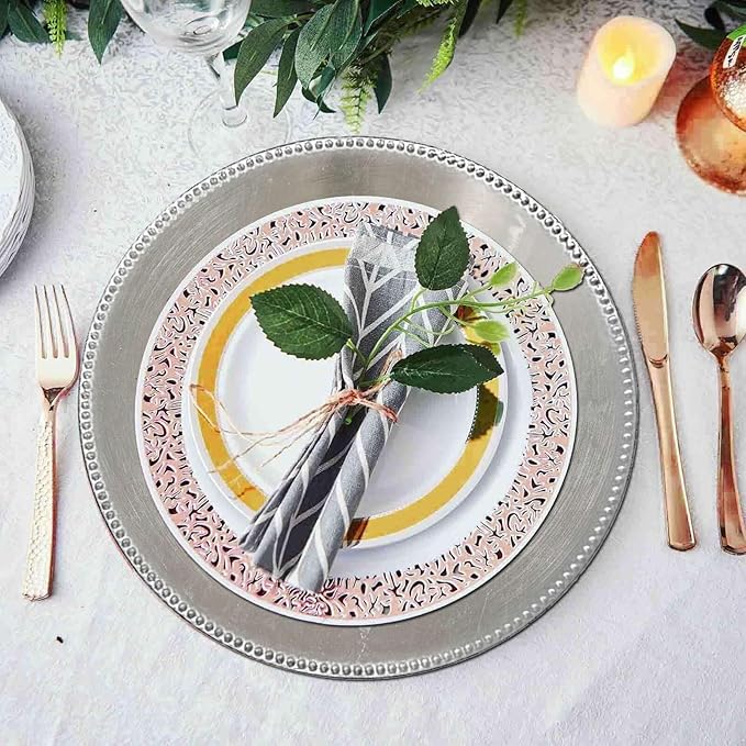 Efavormart 6 pcs 13" Metallic Silver Beaded Round Charger Plates for Tabletop Decor Holiday Decoration