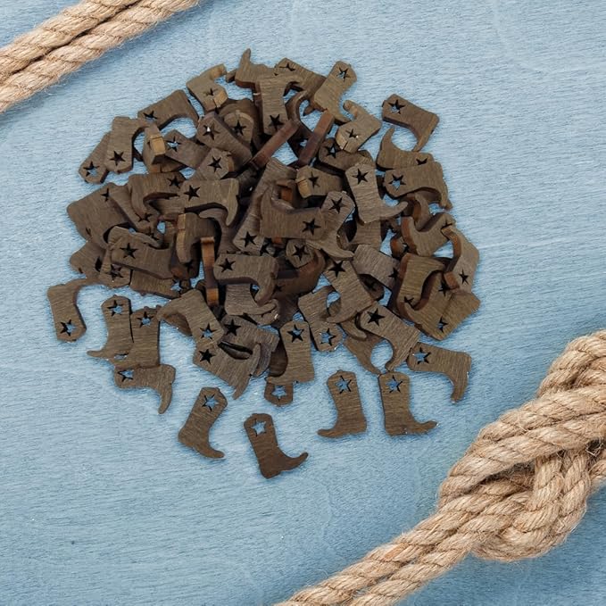 FashionJunkie4Life Laser Cut Cowboy Boot Confetti | Dark Walnut Color Wood Table Scatter with Star Cutout | Western Rustic Party Craft Decor