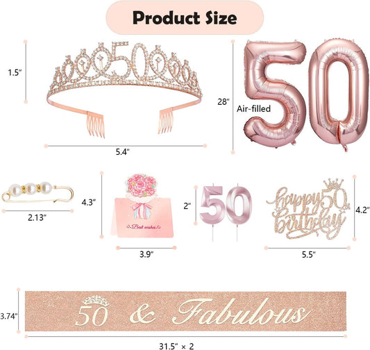 50th Birthday Gifts Decorations for Women, Including 50th Cake Toppers, Birthday Queen Sash with Pearl Pin, Sweet Rhinestone Tiara Crown, Number Candles and Balloons Set, Rose Gold
