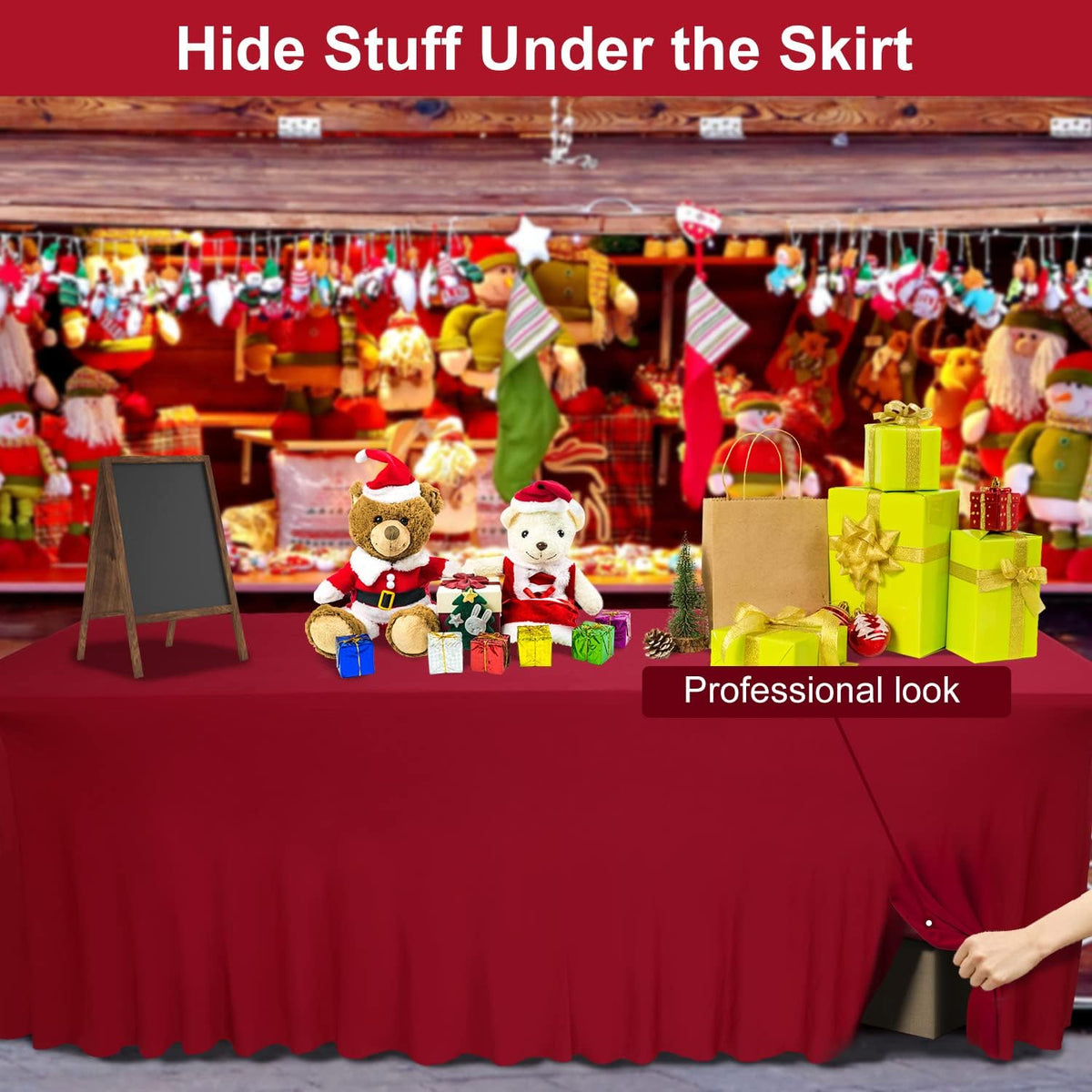 Thick 2 in 1 Spandex Table Skirt and Cover 6ft, Rectangle Fitted Tablecloth with Pleated Skirt, Wrinkle Free Rectangular Table Cloth for Banquets Vendor Event (Burgundy, 72"*30"*29")