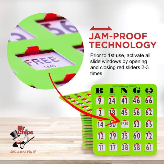 MR CHIPS Complete Bingo Game Set with Jam-Proof Shutter Cards – Easy Read Green Edition – 50 Reusable Large Print Bingo Cards with Sliding Windows, Master Board & Calling Cards – No Chips Needed