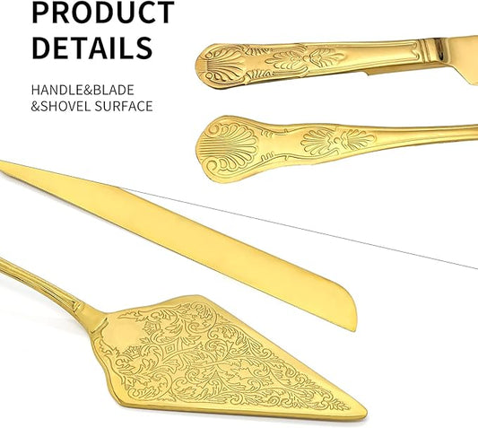 GURUDAR Vintage Wedding Cake Knife and Server Set, Stainless Steel Cake Pie Pastry Cutting Knife & Serving Spatula Set, Premium Party Supplies for Wedding, Birthday, Anniversary & Events, Gold