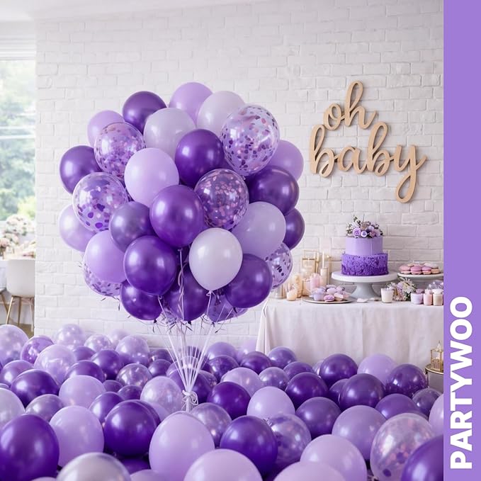 PartyWoo Purple Balloons 65pcs 12 Inch Light Pastel Dark Metallic Purple Lilac Lavender Confetti Balloons for Graduation Baby Shower Birthday Wedding Anniversary Butterfly Princess Party Decorations