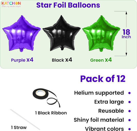 Katchon, Purple Green and Black Star Foil Balloons - 18 Inch, pack of 12 | Halloween Decorations Indoor, Spooky Decor For Home | Green Star Balloons For Halloween Decor | witch Party Decorations