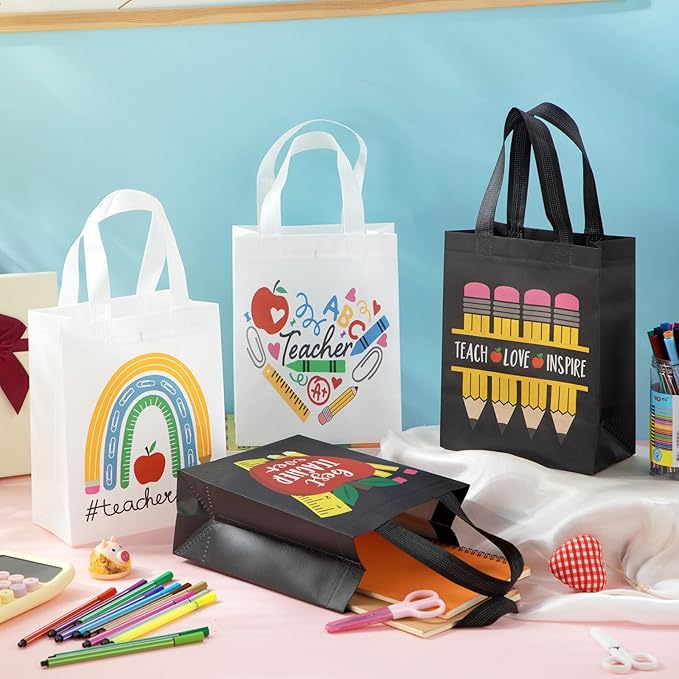 Wesnoy 60 Pcs Teacher Appreciation Gift Tote Bags Bulk Thank You Teachers Reusable Non Woven Treat Goodie Bags with Handles Gifts Wrap for School Office Retirement Graduation Party Supplies