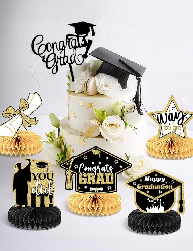 Graduation Table Decorations 2026 - Graduation Centerpieces for Tables, 9 Pcs Black and Gold Honeycomb Centerpieces, 3D Congrats Grad Table Toppers for Class of 2026 Grad Party Decorations