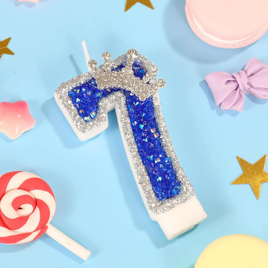 Blue Birthday Candle Crown Number 7 Candle with Sequins Cake Candles Cupcake Decorations Party Decor for Anniversary Celebrations Supplies