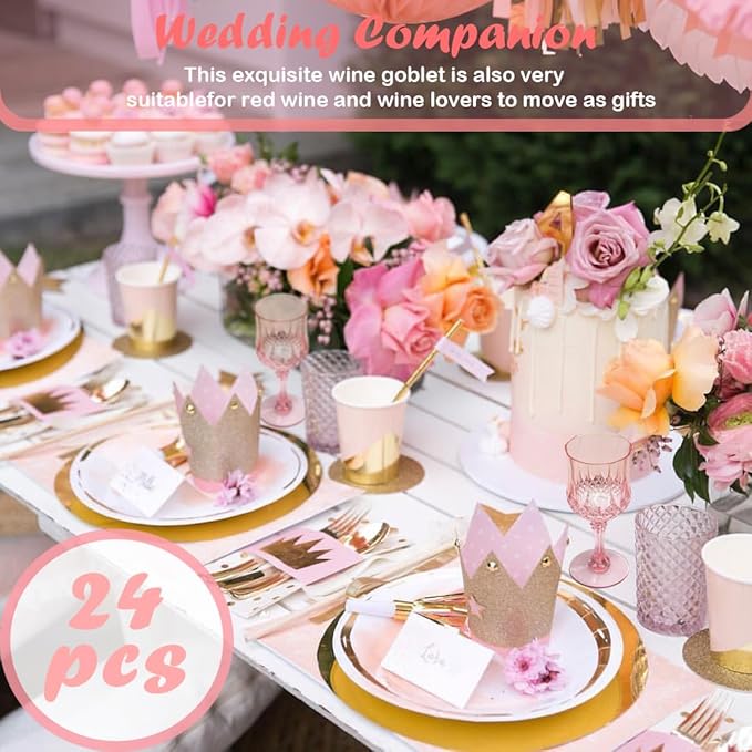 48 PCS Pink Plastic Wine Glasses,Reusable Plastic Wine Glasses,Pink Goblet Glass,Durable and Sturdy Cups Can Be Used for Various Parties Such as Weddings!