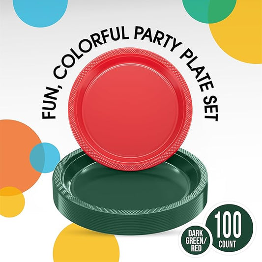 Party Solids Green & Red Plastic Plates For Party Supplies, Green & Red Disposable Plates 100 Pieces - 50-7" & 50-9" Heavy Duty 350 GSM Disposable Dinnerware Sets, Plastic Dinnerware Sets