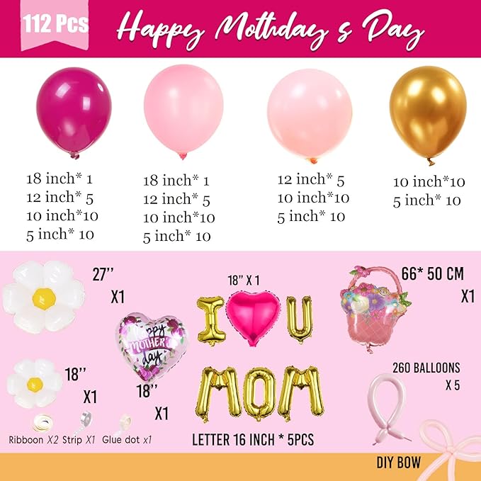 Mothers day Balloon Garland Kit with Pink and Gold Rustic Elegant Party Decorations with Foil Heart Letters Floral Basket Daisy Balloons for Indoor Outdoor Party Supplies