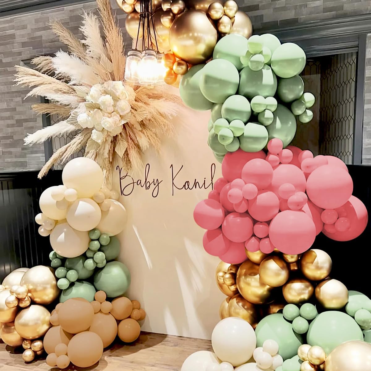 Sage Green Pink White Brown Balloons Garland Arch Kit, 160Pcs Boho Dusty Green Cherry Blossom Pink White Sand Brown Balloons for Girl Bridal Baby Shower Wedding Birthday Party Decorations
