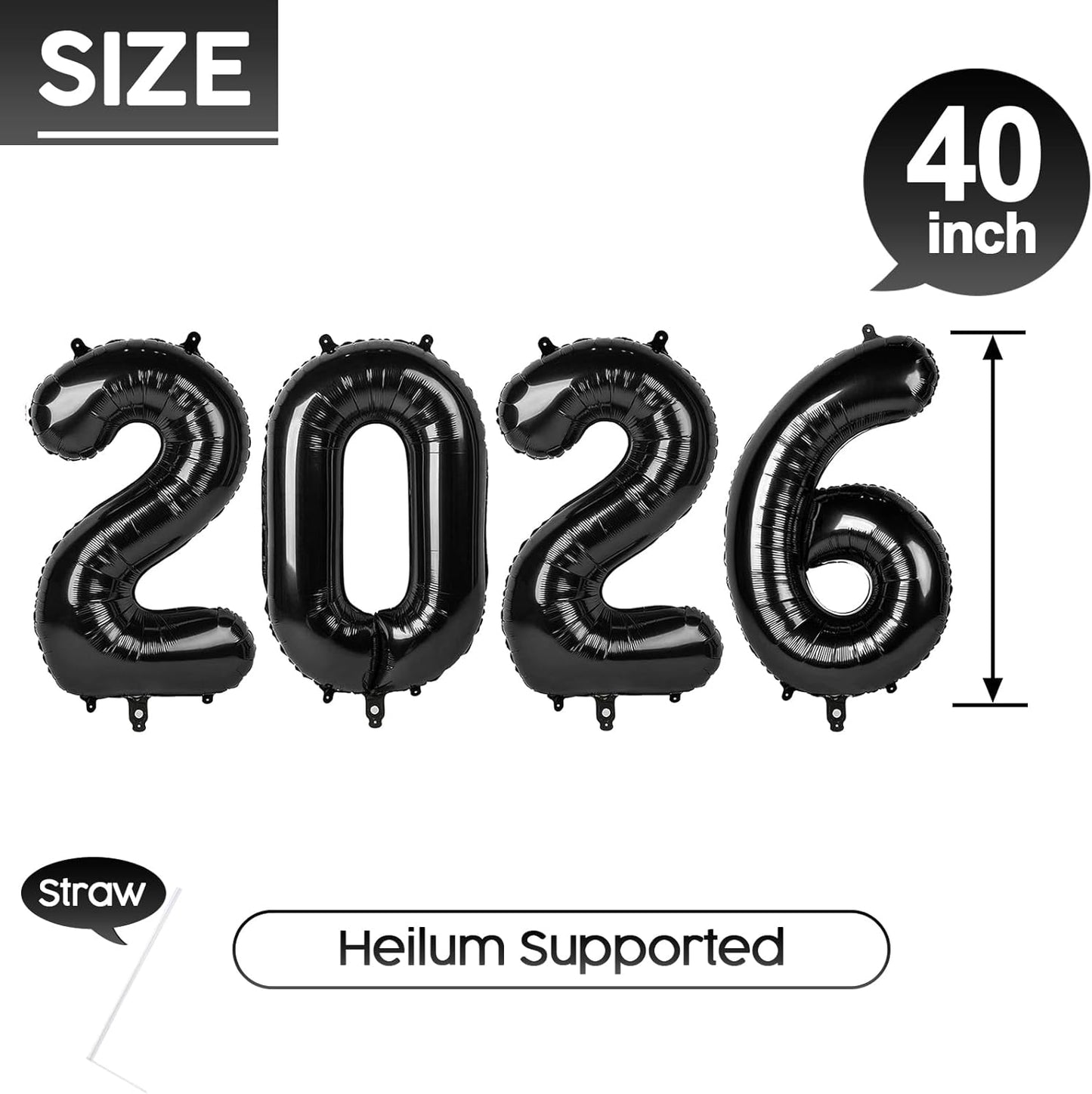 2026 Balloon - 2 Pack Black Birthday Number Balloons, 40 Inch Large Foil Balloons for Men Women Boys Girls Black Themed Birthday Decorations,Number 2026 Balloon