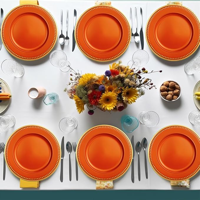Orange Beaded Charger Plates, Set of 6, 13 Inch Plastic Round Chargers for Dinner Plates, Party, Wedding, Birthday.(Orange. 6)