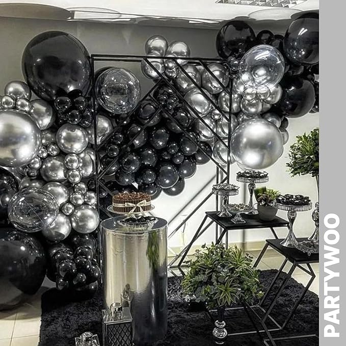 PartyWoo Black and Silver Balloons 65pcs 12 Inch Matte Black Metallic Chrome Silver Confetti Balloons for Graduation Baby Shower Men Birthday Wedding Anniversary New Year's Eve Party Decorations
