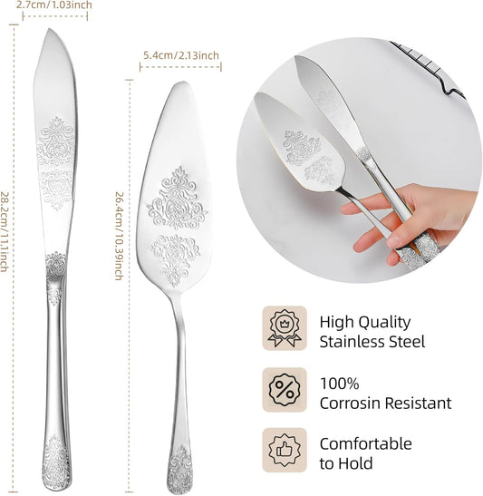 Cake Cutting Set for Wedding, Elegant Cake Knife and Server Set with Thickened Stainless Steel Rounded Edges, Cake Cutter Pie Spatula for Birthday Anniversary Christmas 2 Pcs Silver