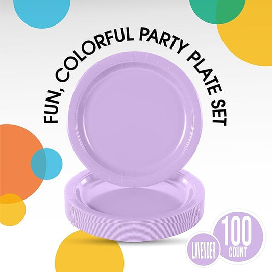 Exquisite Lavender Paper Plates Disposable Heavy Duty 9 Inch Lavender Disposable Plates For Party 100 Pcs Heavy Duty Paper Plate 350 GSM, Birthday Party Supplies Plate Set