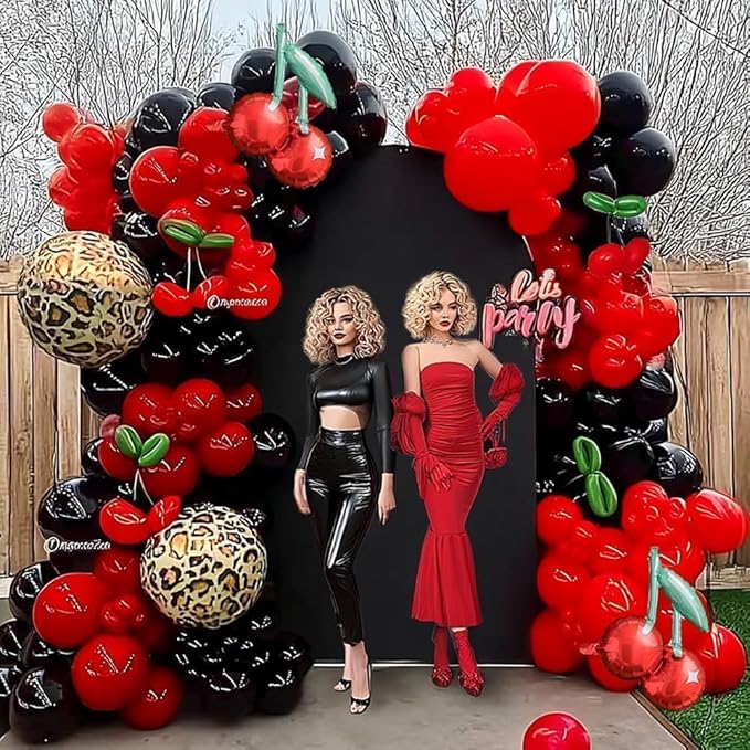 Red Black Balloon Arch Kit Double Stuffed Burgundy Black Maroon Balloon Garland Cherry Cheetah Print Balloons for Birthday Bridal Baby Shower Mother's Day Bachelorette Graduation Party Decorations