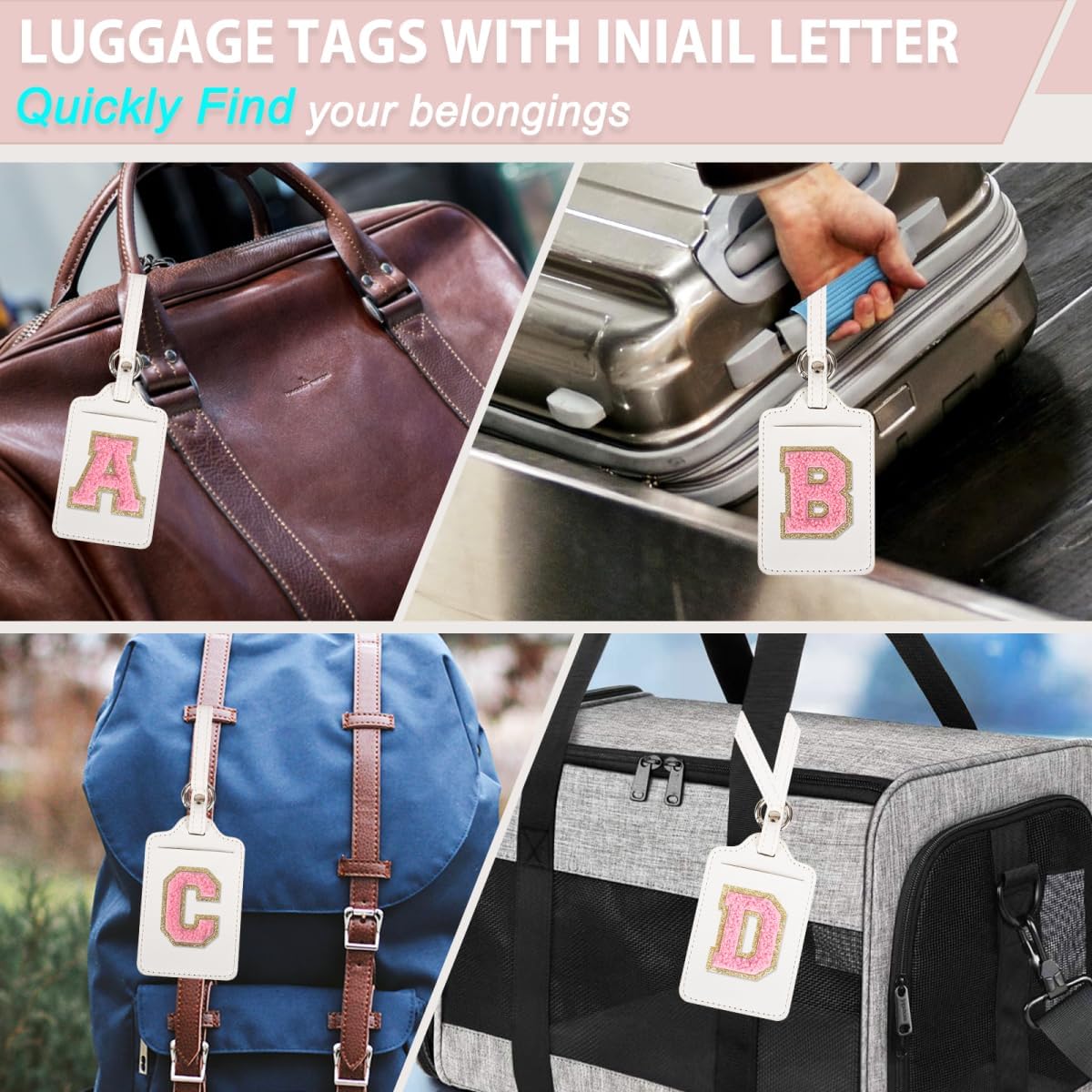Personalized Initial Luggage Tags for Suitcases, Leather Chenille Letter Cute Luggage Tags with Privacy Name Card, Embroidered Travel Bag Backpack Tags Gifts for Women Kids Girls Teens(White-M)