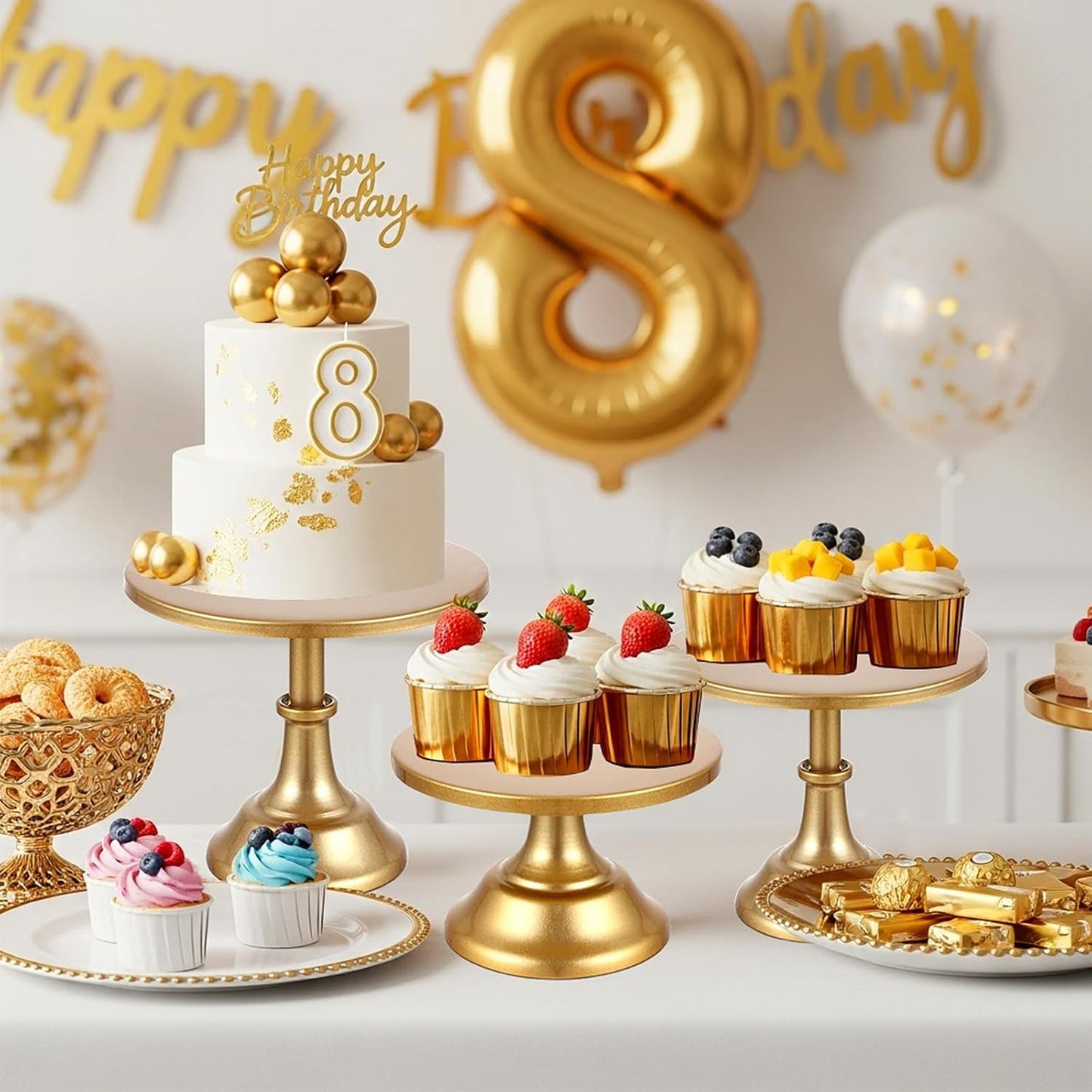 12 PCS Gold Cake Stand Set with Gold Pedestal Cake Stand and Cake Cutter Pie Spatula, Dessert Table Display Set for Wedding, Party, Birthday, Baby Shower, Event Bridal Celebration
