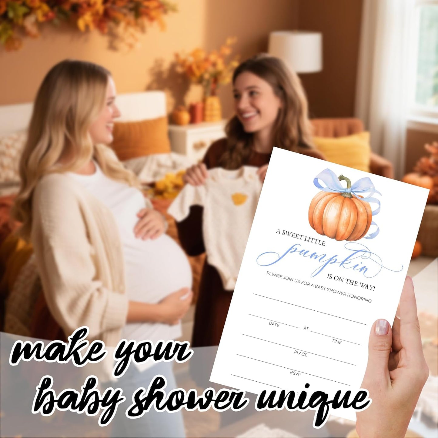 Blue Pumpkin Baby Shower Invitations - “A Sweet Little Pumpkin Is On The Way” Design with Envelopes And RSVP Cards - 20Pcs Fill In Baby Shower Party Cards(4 x 6 Inch) (043)