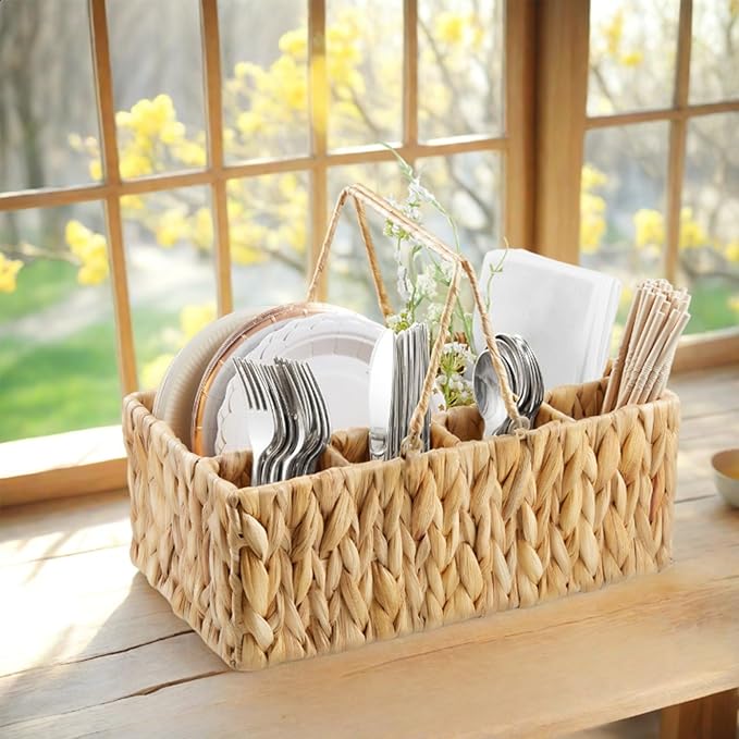 Silverware Holder for Party, Wicker Utensil Caddy, Woven Picnic Caddy for Plates, Water Hyacinth Cutlery Basket, Hosting Essentials Organizer