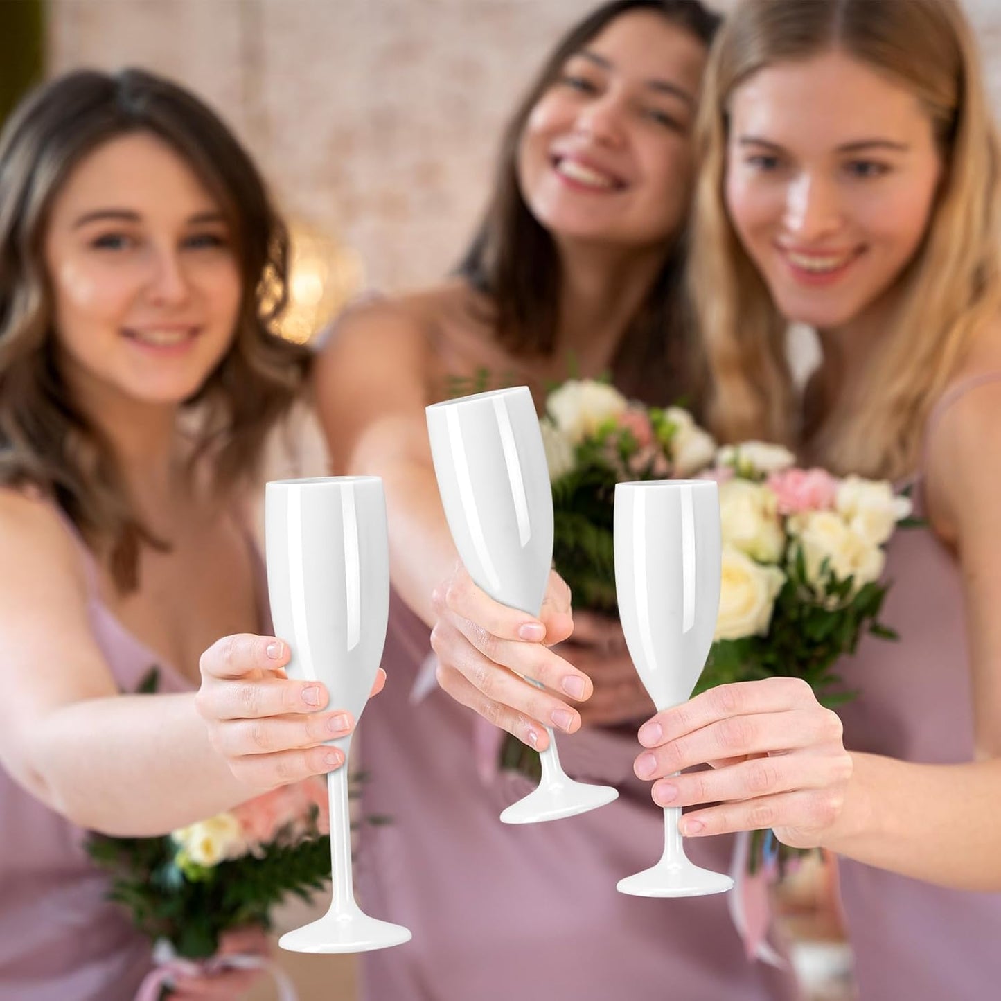 Champagne Flute Acrylic Champagne Glasses Wedding Toasting Champagne Flute Goblet Plastic Reusable Unbreakable Champagne Cups for Bachelorette Wedding Bridal Shower Party (White, 10)