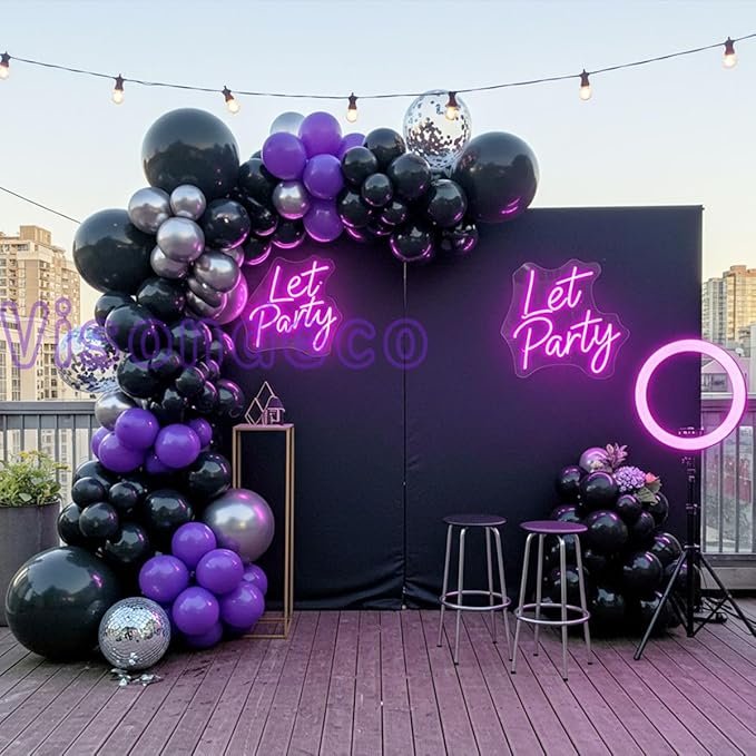 Black and Purple Balloons - 132pcs 18'' 12'' and 5'' Purple Black Balloon Arch Kit with Metallic Silver Balloons for Birthday Party Halloween Graduations Corporate Event and Gaming Night