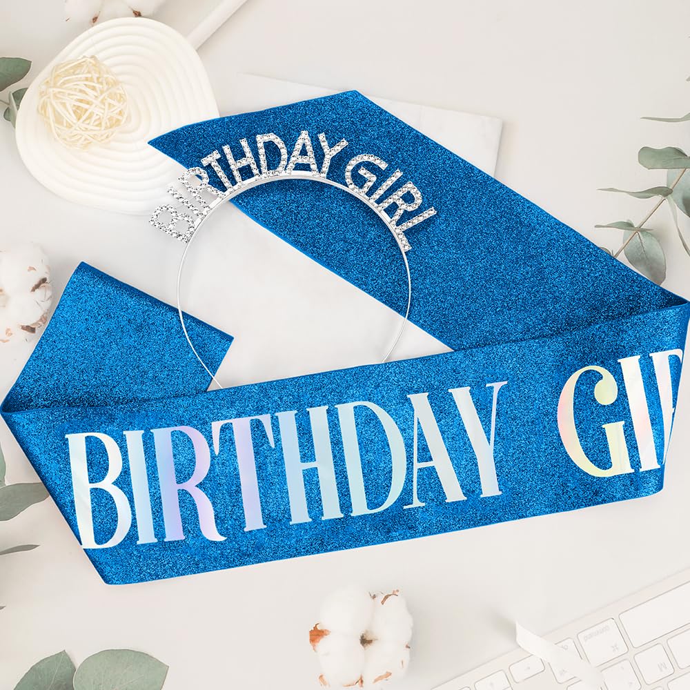 Birthday Sash Birthday Crown for Women, Birthday Girl Sash, Birthday Girl Crown, Glitter Deep Blue Birthday Sash and Crown Rhinestone Headband Set, Happy Birthday Girl Princess Tiara Sash Accessories