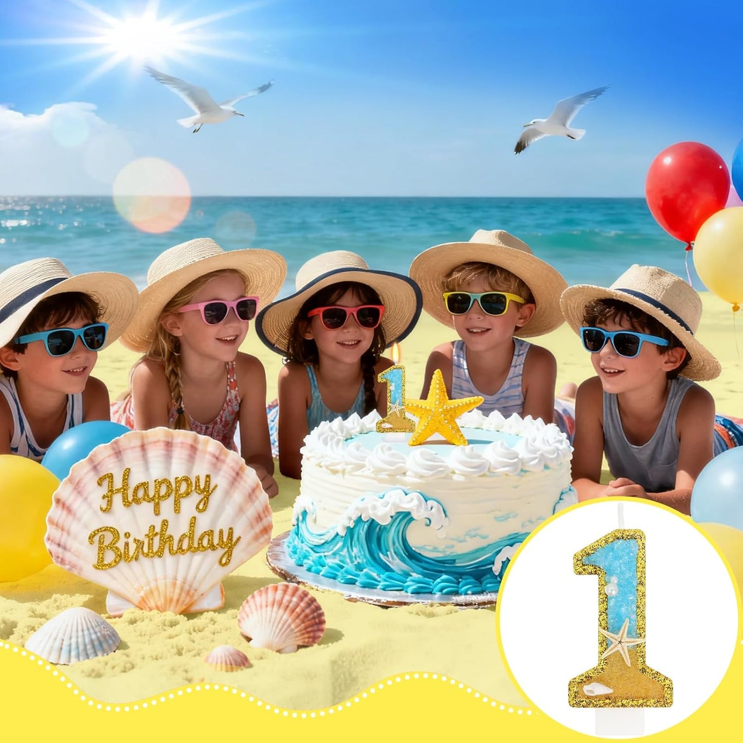 Ocean Number 1 Candle, Glitter Gold Beach Starfish Cake Topper, Tropical Ocean Princess Birthday Decorations for Party Supplies Wedding Anniversaries