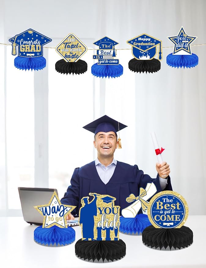 Graduation Centerpieces for Tables, 9Pcs Graduation Table Decorations, 3D Royal Blue Congrats Grad Honeycomb Centerpieces Table Toppers, Photo Props for Class of 2026 Grad Party Favors