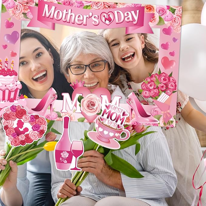 Mothers Day Decorations 23pcs Mothers Day Photo Booth Props and Pink Photo Frame Happy Mothers Day Selfie Props with Sticks for Mother Day Party Supplies
