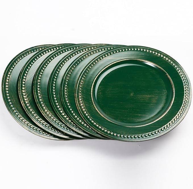 Vintage Charger Plates Set of 6, Beaded Service Plate, Plastic Charger Plate Set Bulk Wedding Easter, Event, Saint Patrick, Holiday, Christmas, Elegant Table Setting Centerpieces, Hunter Green