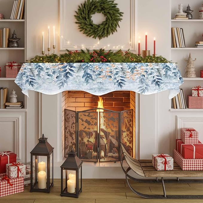 Blue Eucalyptus Fireplace Mantel Scarf Table Runner, Christmas Leaves Poinsettia Farmhouse Wooden Winter Garland Mantel Top Tablerunners Dresser Scarves Cover for Windows Party Living Room 70''x17''