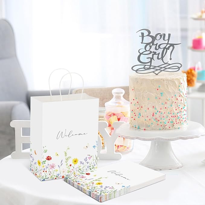 Sweetude 50 Pieces Wildflower Welcome Bags for Wedding Guests Gift Paper Bridal Baby Shower Favor Wedding Welcome Bags with Handles Wildflower for Retail Party Shopping