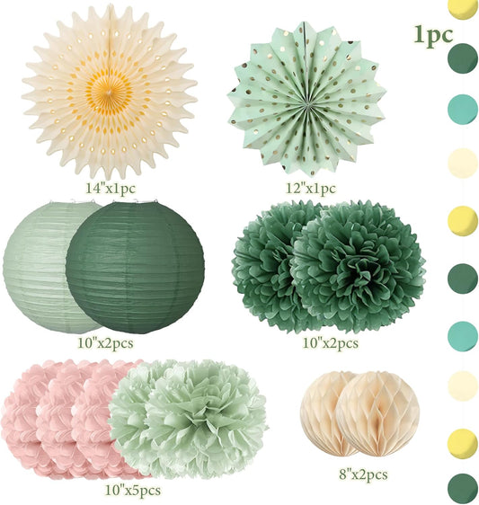 Sage Green and Dusty Rose Party Decorations Sage Green and Dusty Rose Paper Fans Paper Lanterns Pom Poms Flowers for Baby Shower Birthday Wedding Engagement Party